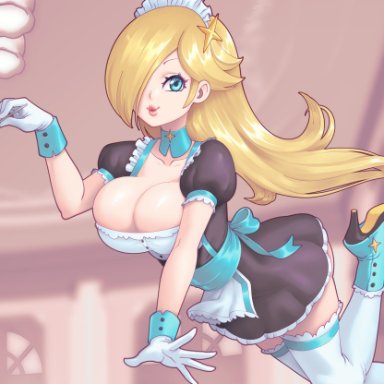 mario (series), nintendo, princess rosalina, supersatanson, 1girls, blonde hair, blue eyes, breasts, cleavage, female, female only, hair over one eye, hips, huge breasts, long hair