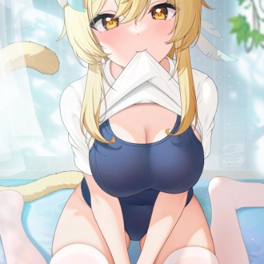 genshin impact, lumine (genshin impact), fukuro ko (greentea), accessory, animal humanoid, blonde hair, blouse, blue clothing, blue swimwear, breasts, cat humanoid, clothed, clothing, clothing lift, eyebrow through hair