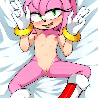 sega, sonic (series), sonic the hedgehog (series), amy rose, aldharoku, 1girls, 5 fingers, accessory, anthro, areola, areolae, bed sheet, blush, boots, bracelet