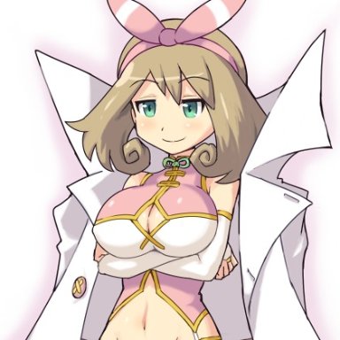 pokemon, senran kagura, haruka (senran kagura), may (pokemon), pokemoa, bow hairband, breast hold, breasts, brown hair, cleavage, cleavage cutout, clothing cutout, coat, cosplay, female