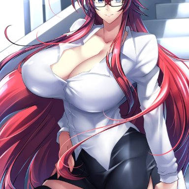 high school dxd, rias gr&#1077;mory, haganef, 1girls, bangs, big breasts, black clothing, black skirt, blue eyes, breasts, busty, cleavage, clipboard, clothed, clothed female