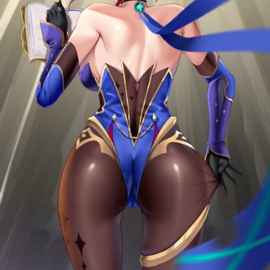 genshin impact, nintendo, xenoblade (series), xenoblade chronicles 2, mona (genshin impact) (cosplay), pyra, matrix16, 1girls, armpits, ass, back, backboob, bare shoulders, big ass, blue gloves