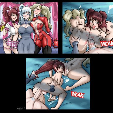 persona, persona 4, persona 5, rwby, ann takamaki, kujikawa rise, weiss schnee, nayaase beleguii, 1futa, 2girls, anal, anal sex, ass, balls, big ass