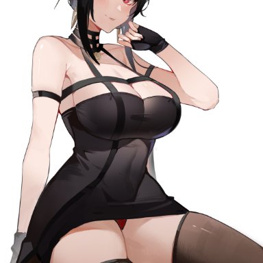 spy x family, yor briar, yoyo (550098), 1girls, bare shoulders, black dress, black hair, breasts, cleavage, clothing, dress, earrings, female, female only, fingerless gloves