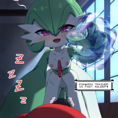 nintendo, pokemon, gardevoir, pok&#233;mon (species), oppaihobby, 3 fingers, anthro, areola, black text, blush, breasts, bulge, clothing, collarbone, duo