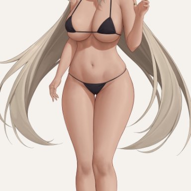 genshin impact, ningguang (genshin impact), zaphn, 1girls, bikini, black bikini, breasts, female, female only, hair ornament, hair stick, hips, huge breasts, long hair, long legs