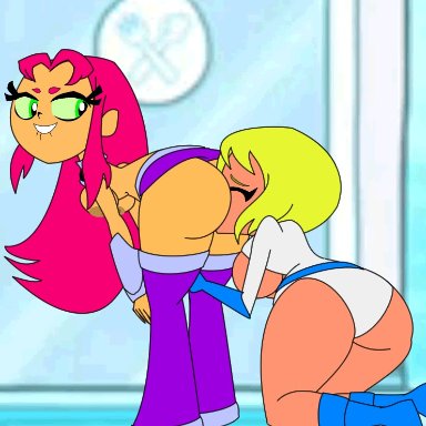 teen titans go, power girl, starfire, pyramid (artist), ass shake, big ass, big breasts, closed eyes, face in ass, long hair, looking back, rimming, short hair, sitting, superheroine