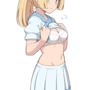 nintendo, pokemon, lillie (pokemon), hirame sa, shiseki hirame, blonde hair, blush, bra, breasts, green eyes, looking at viewer, medium hair, midriff, navel, ponytail