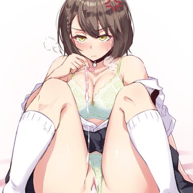 azur lane, baltimore (azur lane), artist request, 1girls, after sex, after vaginal, anger vein, angry, bare shoulders, big breasts, blush, bra, breasts, broken condom, brown hair