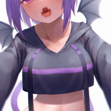 hololive, nekomata okayu, animal ear fluff, animal ears, bangs, bat wings, black hoodie, blush, bottomless, cat ears, cat girl, cat tail, collarbone, crop top, crop top overhang