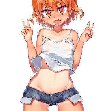 kantai collection, ikazuchi (kantai collection), mamo williams, :d, bare arms, bare shoulders, blush, breasts, brown eyes, brown hair, cameltoe, chemise, collarbone, covered erect nipples, cowboy shot