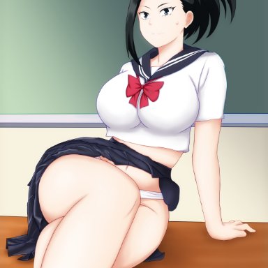 my hero academia, momo yaoyorozu, daruko536, black eyes, black hair, chalkboard, dark eyes, dark hair, looking at viewer, pale-skinned female, pale skin, panties, presenting, presenting legs, presenting thighs