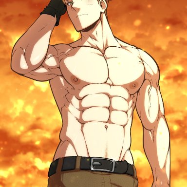 spy x family, loid forger, inunekostudio, 1boy, abs, bara, blonde hair, dilf, gay, gloves, green eyes, half-dressed, half naked, looking at viewer, male