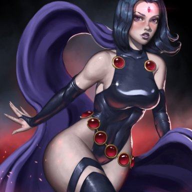 dc comics, teen titans, raven, raven (dc), dravacus, dominant female, latex, magical girl, violet hair, voluptuous