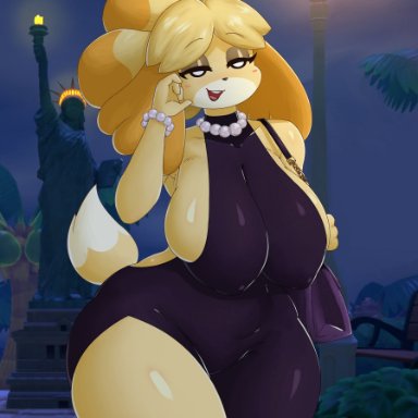 animal crossing, nintendo, isabelle (animal crossing), gammainks, accessory, anthro, background, bag, big breasts, breasts, canine, canis, clothed, clothed female, clothing