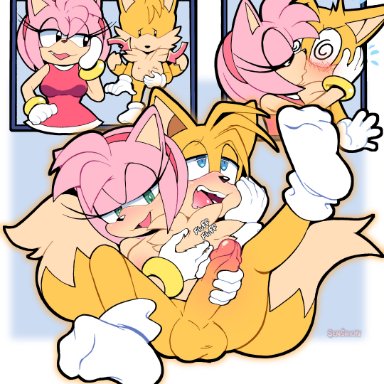 sega, sonic the hedgehog (series), amy rose, tails, senshion, 2 tails, 5 fingers, anthro, anthro on anthro, balls, big balls, big penis, black eyes, black nose, blue eyes