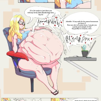 madzisstacked, madz (madzisstacked), fourofour, belly, big belly, blonde hair, blush, burp, burping, clothing, digestion, female, glasses, huge belly, large breasts