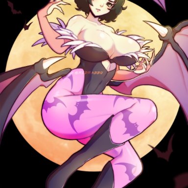 darkstalkers, persona, persona 5, shin megami tensei, morrigan aensland (cosplay), sadayo kawakami, redrabbu, breasts, brown hair, light-skinned female, light skin, short hair, teacher, thighs, voluptuous