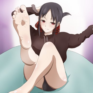 shinomiya kaguya, electricshark, 1girls, bare feet, bare soles, barefoot, black hair, blush, clothed, feet, female, female only, foot fetish, foot focus, legs