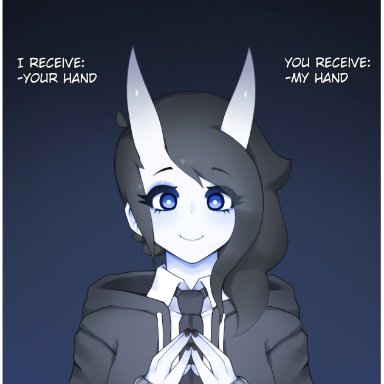 spooky (ahegaokami), ahegaokami, black nails, blue eyes, demon girl, happy, horns, sexy, wholesome, meme, trade offer