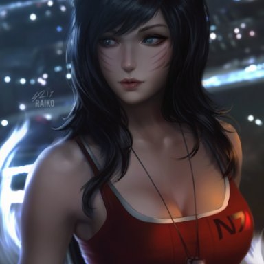 league of legends, mass effect, ahri, commander shepard, femshep, raikoart, 1girls, big breasts, cleavage, female, female only, light-skinned female, tight clothing, crossover