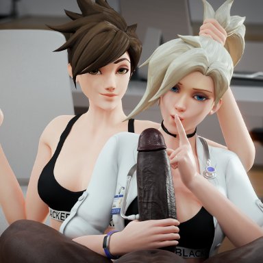 overwatch, mercy, tracer, currysfm, 1boy, 2girls, blacked clothing, cheating, cheating wife, dark-skinned male, handjob, holding penis, interracial, lesbian with male, pale-skinned female