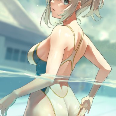 original, nikuzume, 1girls, ass, blue eyes, female, female only, looking at viewer, looking back, one-piece swimsuit, partially submerged, solo, swimsuit, thighs, white hair
