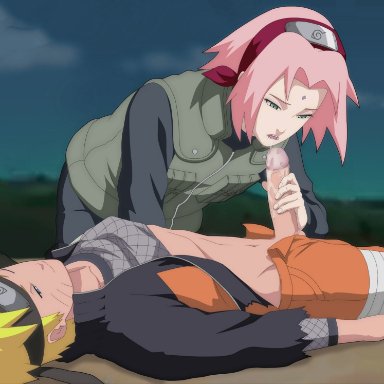 naruto, naruto (series), naruto shippuden, sakura haruno, uzumaki naruto, 1boy1girl, after fellatio, after oral, awake, bending over, blonde hair, closed eyes, clothed, clothed sex, clothing