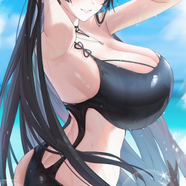 original, original character, merumeko, 1girls, black hair, blush, breasts, female, female only, hips, huge breasts, long hair, looking at viewer, massive breasts, naughty face