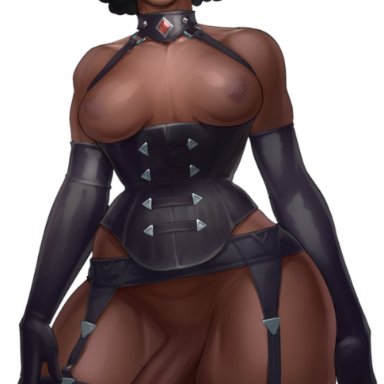 wahafagart, 1futa, areolae, black choker, black elbow gloves, black garter belt, black garter straps, black hair, black leather corset, black leather elbow gloves, black leather garter belt, black leather thighhighs, black thighhighs, bottomless, breasts