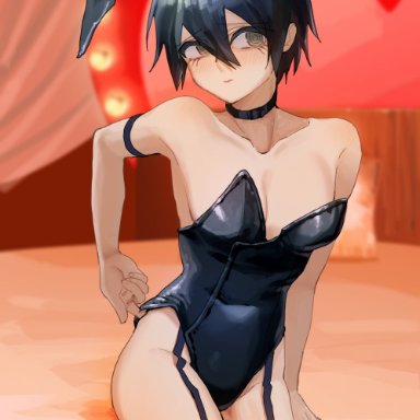 danganronpa, danganronpa v3, saihara shuuichi, blush, bunny ears, bunnysuit, crossdressing, embarrassed, femboy, male