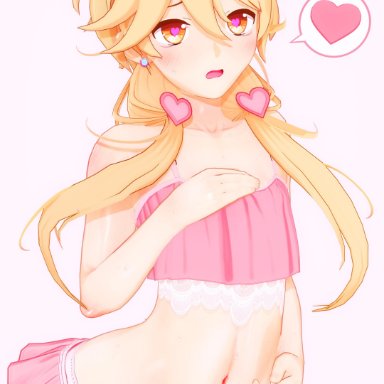 genshin impact, aether (genshin impact), 1male, aether best waifu, ahoge, blonde hair, blush, crop top, crossdressing, earring, embarrassed, femboy, feminine male, flower, frills