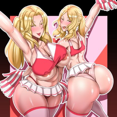 original, catherine (toui), original characters, victoria (toui), toui, 2girls, areolae, arm up, armpits, ass, back, back view, big ass, big breasts, blonde hair