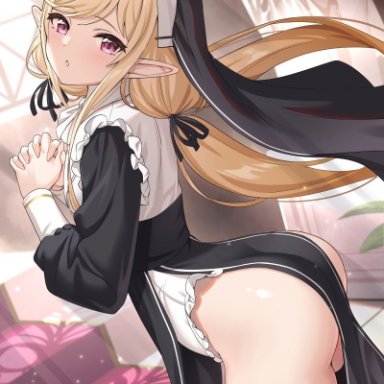 sennen sensou aigis, tamakaga, arched back, ass, ass focus, ass up, ass visible through thighs, bangs, bent over, big ass, black dress, black legwear, black ribbon, blonde hair, blush