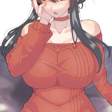 spy x family, yor briar, wakura (gcdan), 1girls, bangs, bare shoulders, black hair, black legwear, blush, breasts, choker, clavicle, clothing, dress, eyebrows visible through hair