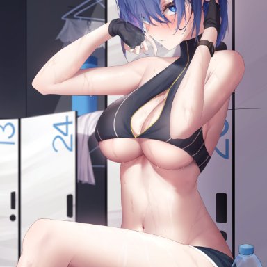 hololive, hololive english, ouro kronii, bare legs, bare shoulders, bench, big breasts, black gloves, blue eyes, blue hair, blush, boob window, bottle, breasts, cleavage