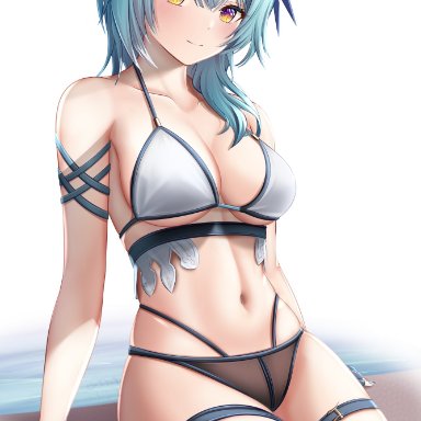 genshin impact, eula (genshin impact), bikini, blue hair, blush, cleavage, curvy, female, female only, human, looking at viewer, pale-skinned female, pale skin, sitting, smile