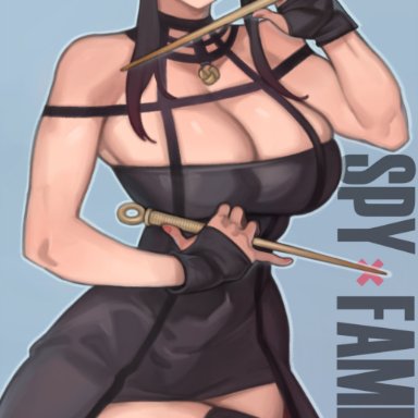 spy x family, yor briar, yor forger, kelvin hiu, 1girls, bare shoulders, black hair, breasts, cleavage, clothed, clothing, dress, ear piercing, earrings, fingerless gloves