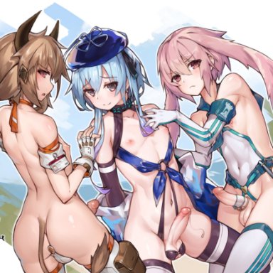 arknights, ansel (arknights), bison (arknights), mizuki (arknights), 3boys, animal ears, armband, ass, blue hair, blue headwear, brown hair, closed mouth, covered navel, cow boy, cow ears