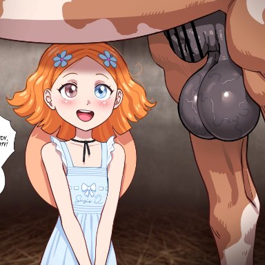 original, original character, fellatrix, 1boy, 1girls, different eye color, dress, horse, orange hair, testicles, zoophilia, censored, english text