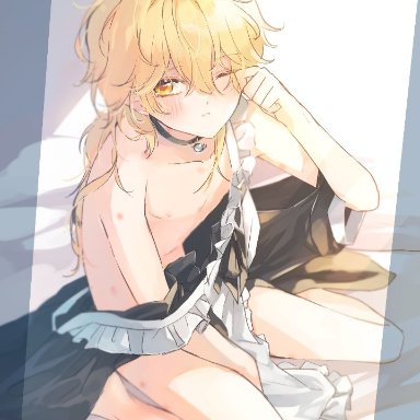 genshin impact, aether (genshin impact), unknown artist, 1boy, aether best waifu, apron, bite mark, blonde hair, blush, collar, earring, femboy, gay, gold eyes, hickey marks