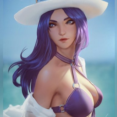 arcane, league of legends, caitlyn kiramman, raikoart, 1girls, beach, bikini, eyewear, eyewear on head, female, female only, hat, light-skinned female, purple hair, sunglasses