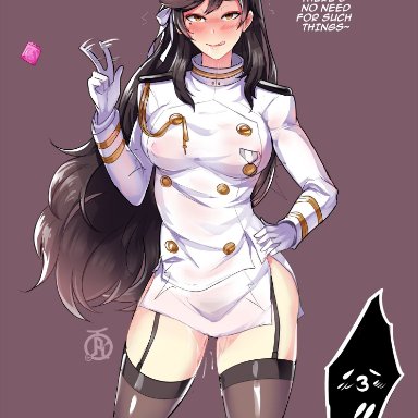 azur lane, atago (azur lane), revolverwingstudios, beauty mark, black hair, blush, breasts, cat ears, condom, condom rejection, drooling, garter straps, gloves, large breasts, long hair