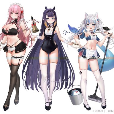 hololive, hololive english, gawr gura, mori calliope, ninomae ina'nis, takanashi kiara, watson amelia, machi7769, 5girls, animal ears, beauty mark, belly, belly button, big breasts, blonde hair