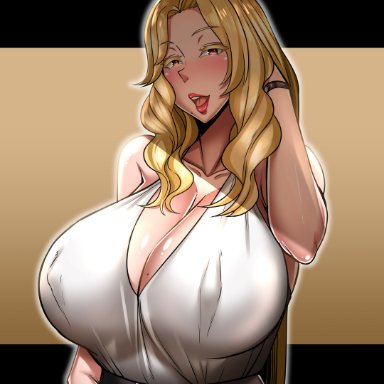 victoria (toui), toui, 1girls, big breasts, blonde hair, blush, bottomwear, clothing, female, female only, huge breasts, large breasts, lips, lipstick, long hair