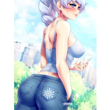 rooster teeth, rwby, weiss schnee, phloxberry, ass, back, bare shoulders, blue eyes, blush, braid, braided ponytail, breasts, city, denim, dimples of venus