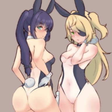 genshin impact, fischl (genshin impact), mona (genshin impact), ryumi-gin, 2girls, ass, bare thighs, big ass, blonde hair, breasts, bunny ears, bunny girl, bunnysuit, cleavage, eye patch