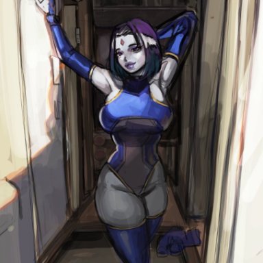 dc, dc comics, teen titans, raven, weakj, busty, female, female focus, female only, hourglass figure, pale-skinned female, pale skin, pinup, pinup pose, purple hair