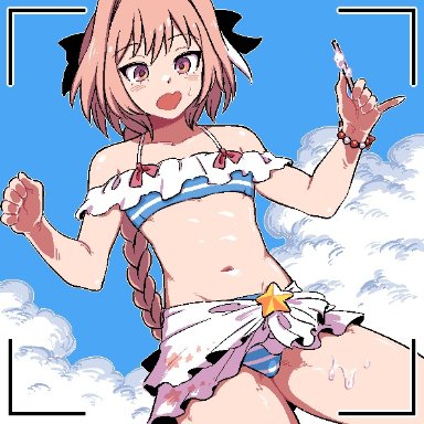 fate/grand order, fate (series), astolfo (fate), kingbawoon, 1boy, bare arms, bikini, blue bikini, bow, bracelet, braid, cloud, crossdressing, dripping, eyebrows visible through hair