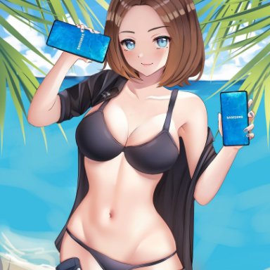 samsung, samsung sam,  sylphy, 1girls, beach, beauty mark, belly button, blue eyes, bob cut, brown hair, closed mouth, closed smile, female, holding phone, light-skinned